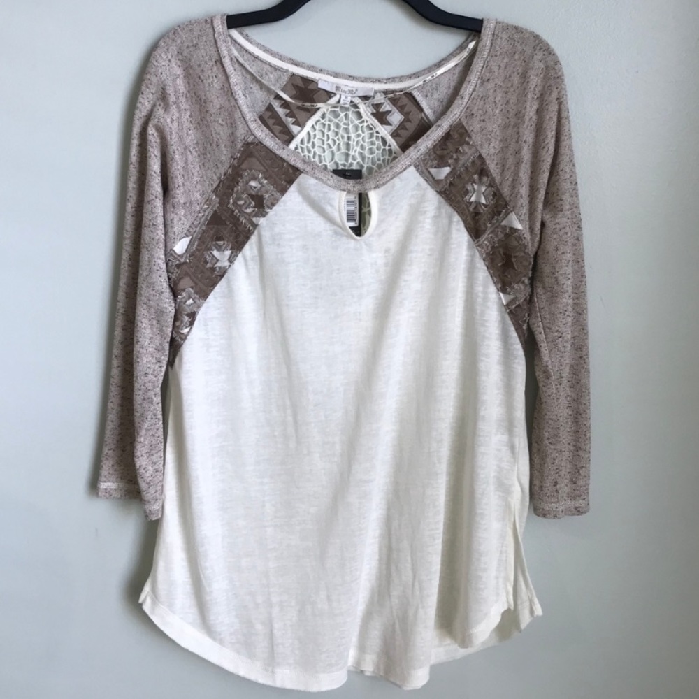 New Miss Me Ivory Beige Lace Trim Blouse